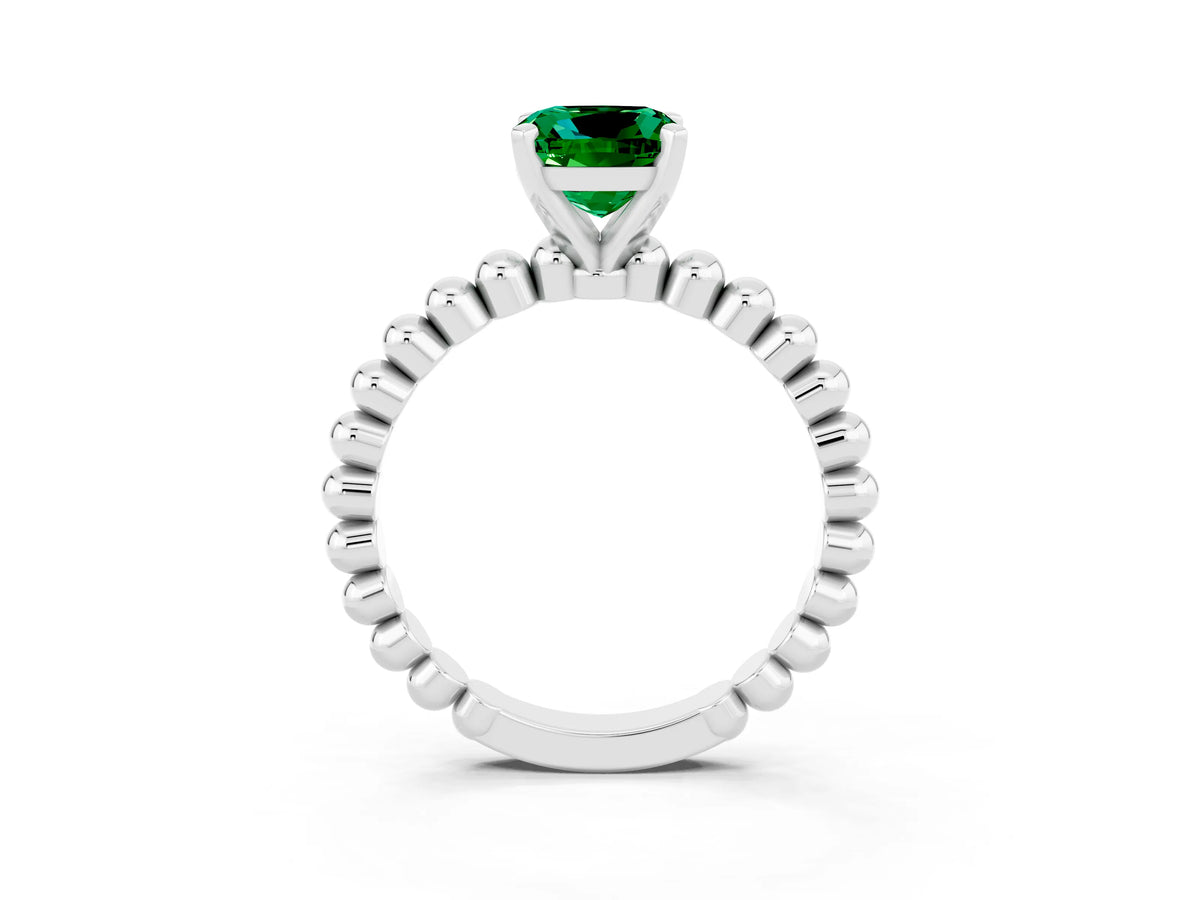 Cushion Cut Emerald Solitaire Ring in Silver with Textured Beaded Band and Prong Setting_3