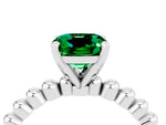 Cushion Cut Emerald Solitaire Ring in Silver with Textured Beaded Band and Prong Setting_4