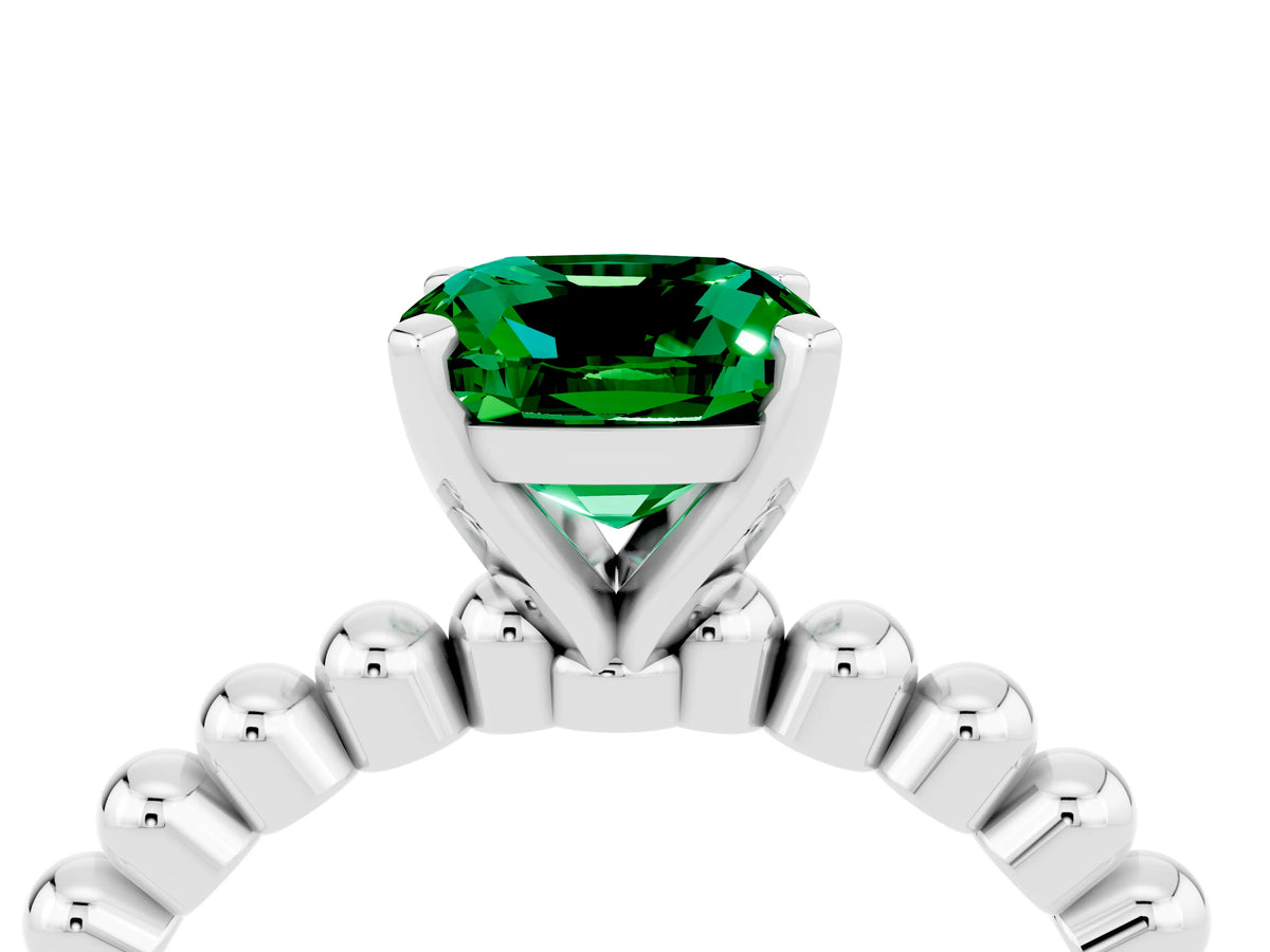 Cushion Cut Emerald Solitaire Ring in Silver with Textured Beaded Band and Prong Setting_4