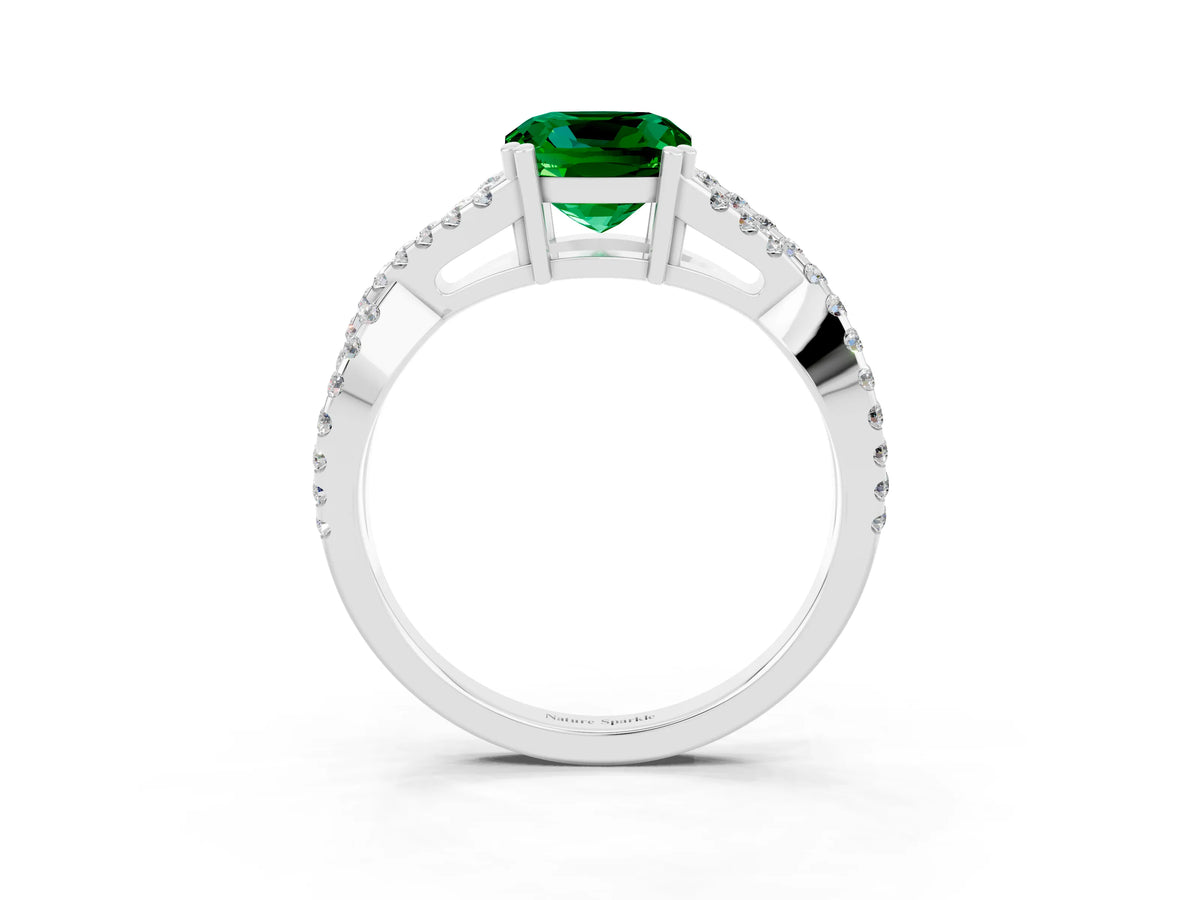 Cushion Cut Emerald Solitaire Ring in White gold with Interwoven Pavé Band and Prong Setting_3