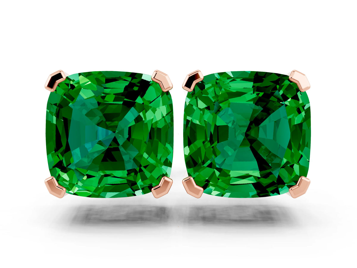 Cushion Cut Emerald Stud Earrings in Rose gold with Basket Setting