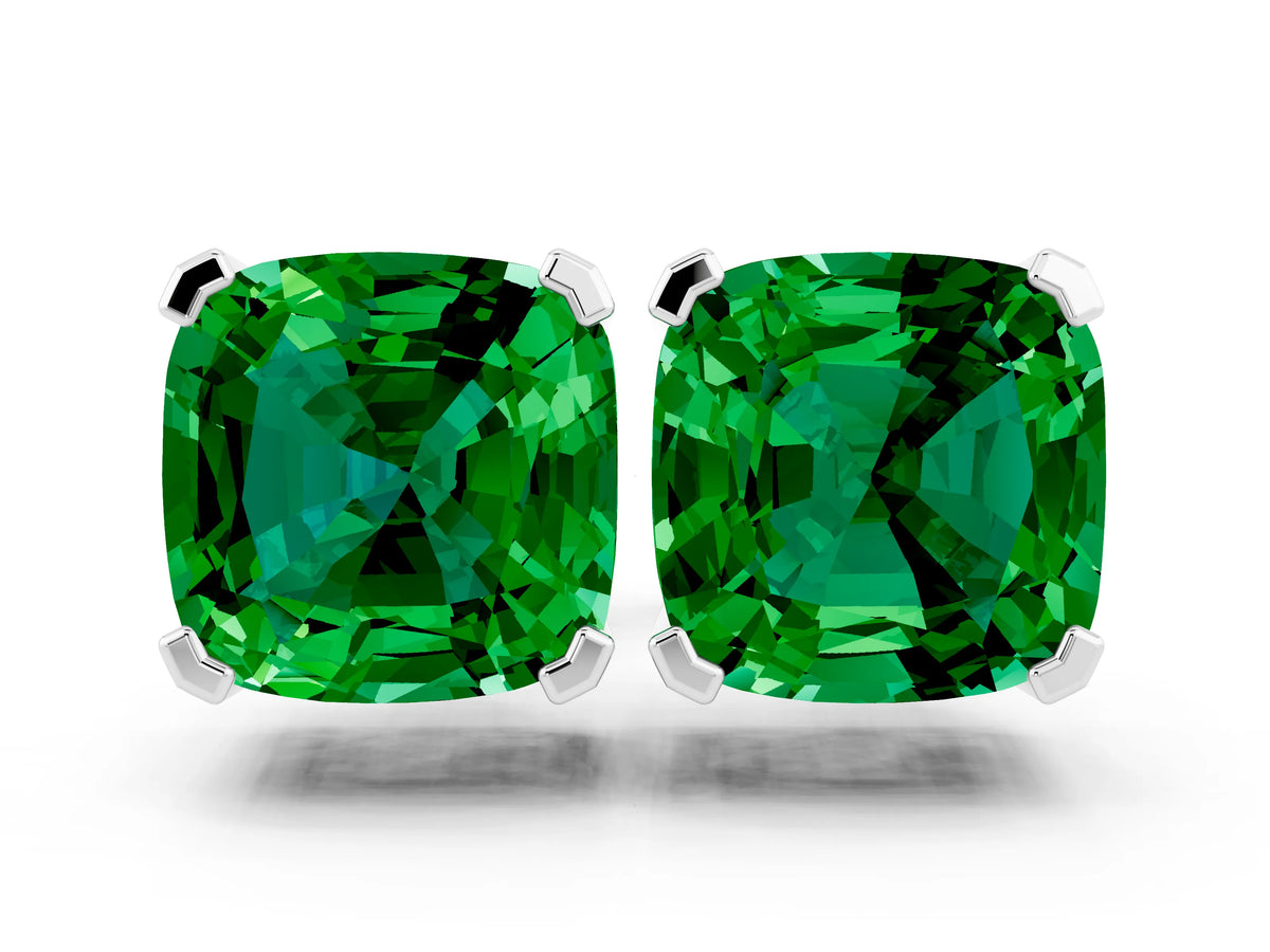 Cushion Cut Emerald Stud Earrings in White gold with Basket Setting
