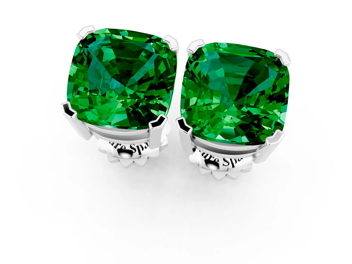 Cushion Cut Emerald Stud Earrings in White gold with Basket Setting_1