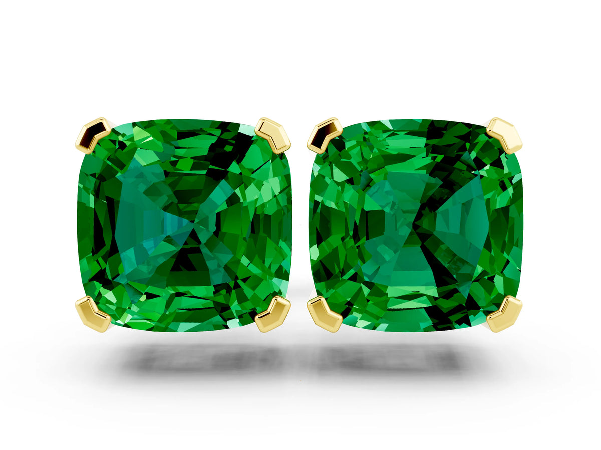 Cushion Cut Emerald Stud Earrings in Yellow gold with Basket Setting