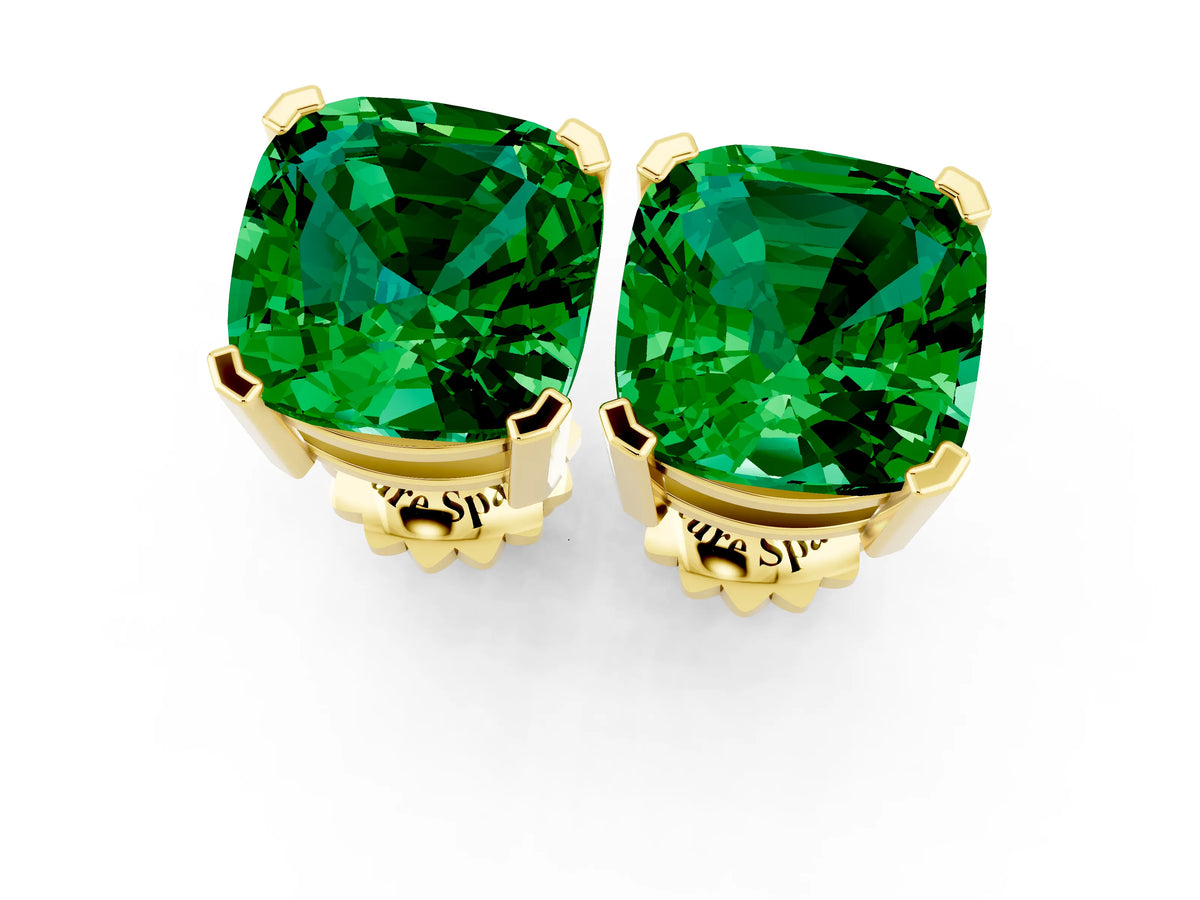 Cushion Cut Emerald Stud Earrings in Yellow gold with Basket Setting_1