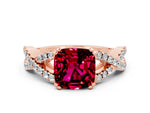 Cushion Cut Garnet Solitaire Ring in Rose gold with Interwoven Pavé Band and Prong Setting