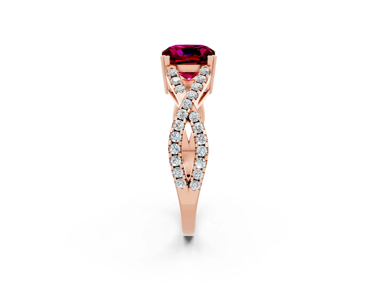 Cushion Cut Garnet Solitaire Ring in Rose gold with Interwoven Pavé Band and Prong Setting_2