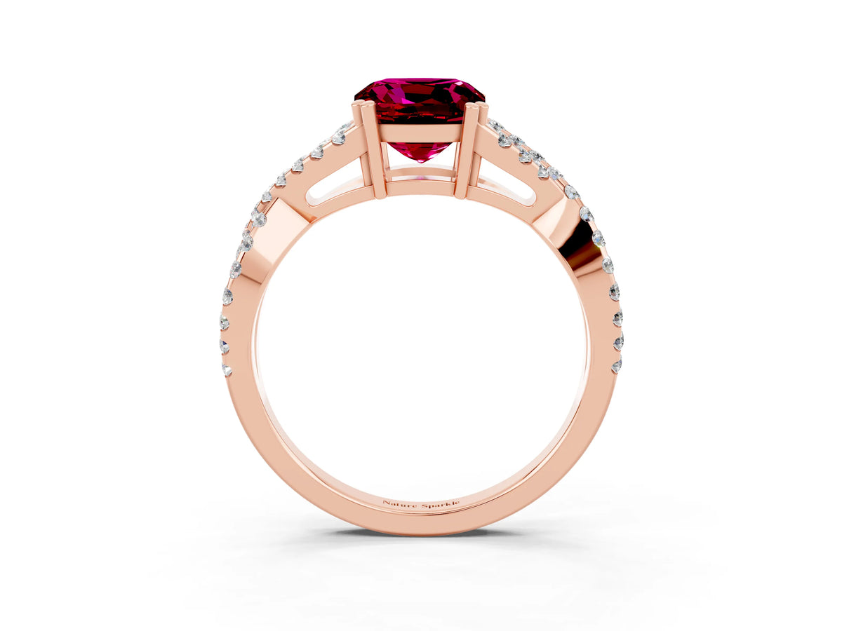 Cushion Cut Garnet Solitaire Ring in Rose gold with Interwoven Pavé Band and Prong Setting_3