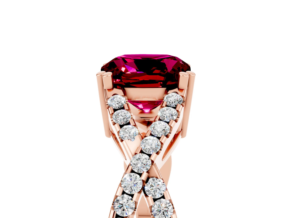 Cushion Cut Garnet Solitaire Ring in Rose gold with Interwoven Pavé Band and Prong Setting_5