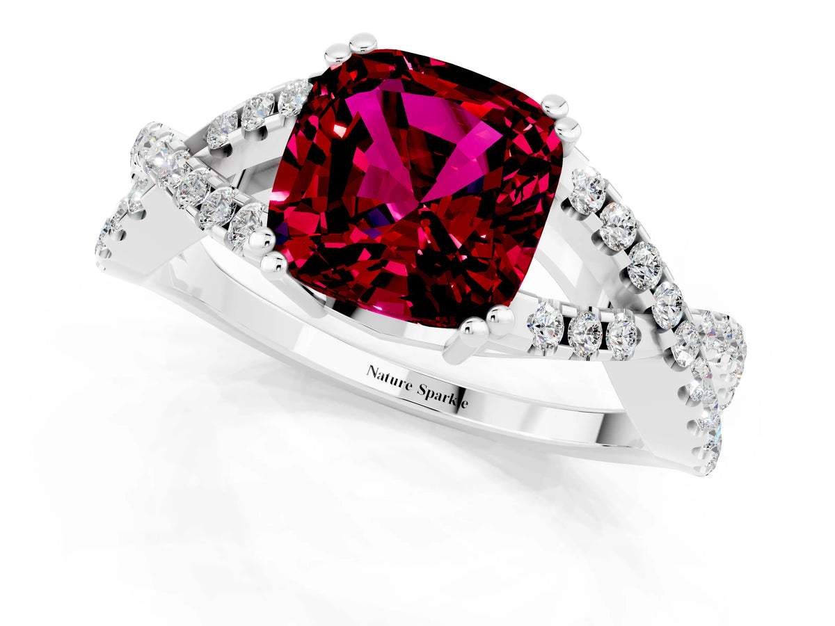 Cushion Cut Garnet Solitaire Ring in Silver with Interwoven Pavé Band and Prong Setting_7