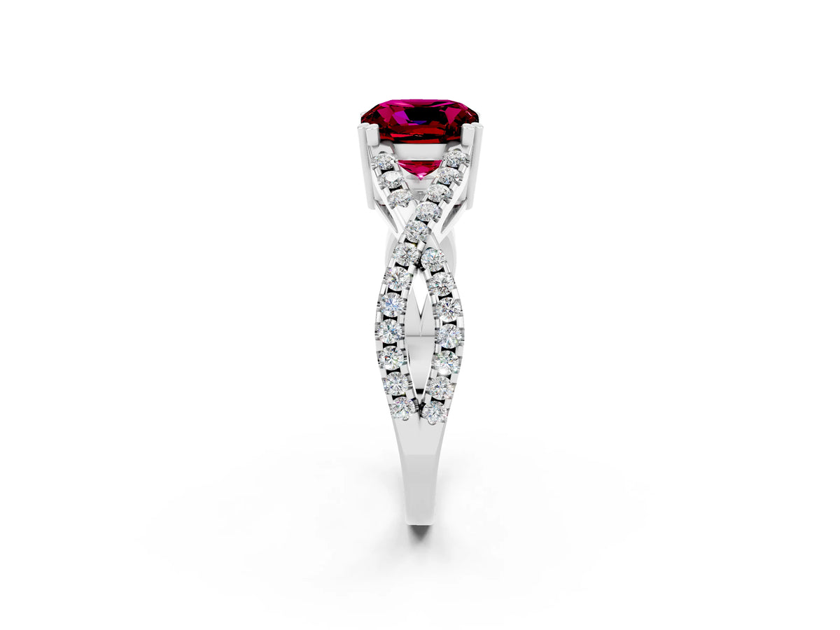 Cushion Cut Garnet Solitaire Ring in Silver with Interwoven Pavé Band and Prong Setting_8