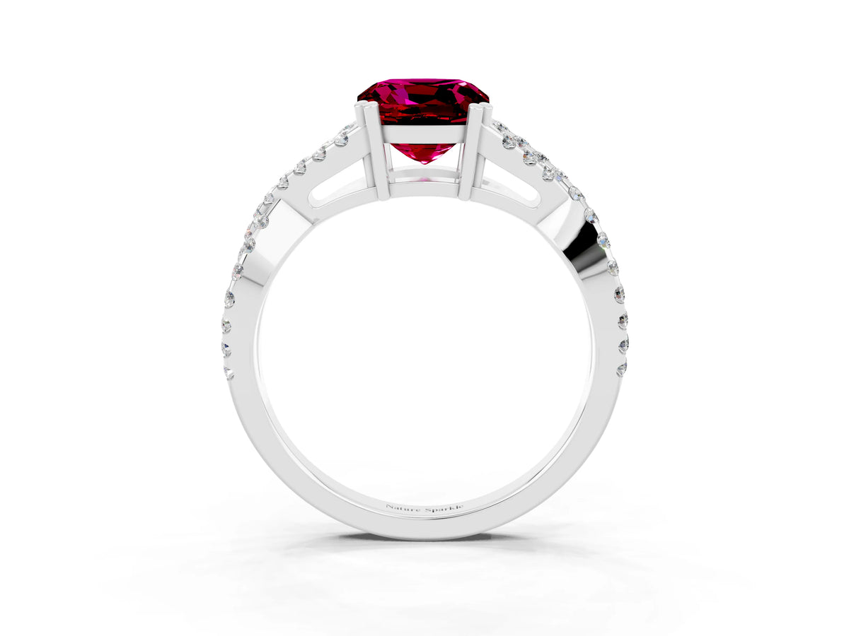 Cushion Cut Garnet Solitaire Ring in Silver with Interwoven Pavé Band and Prong Setting_9