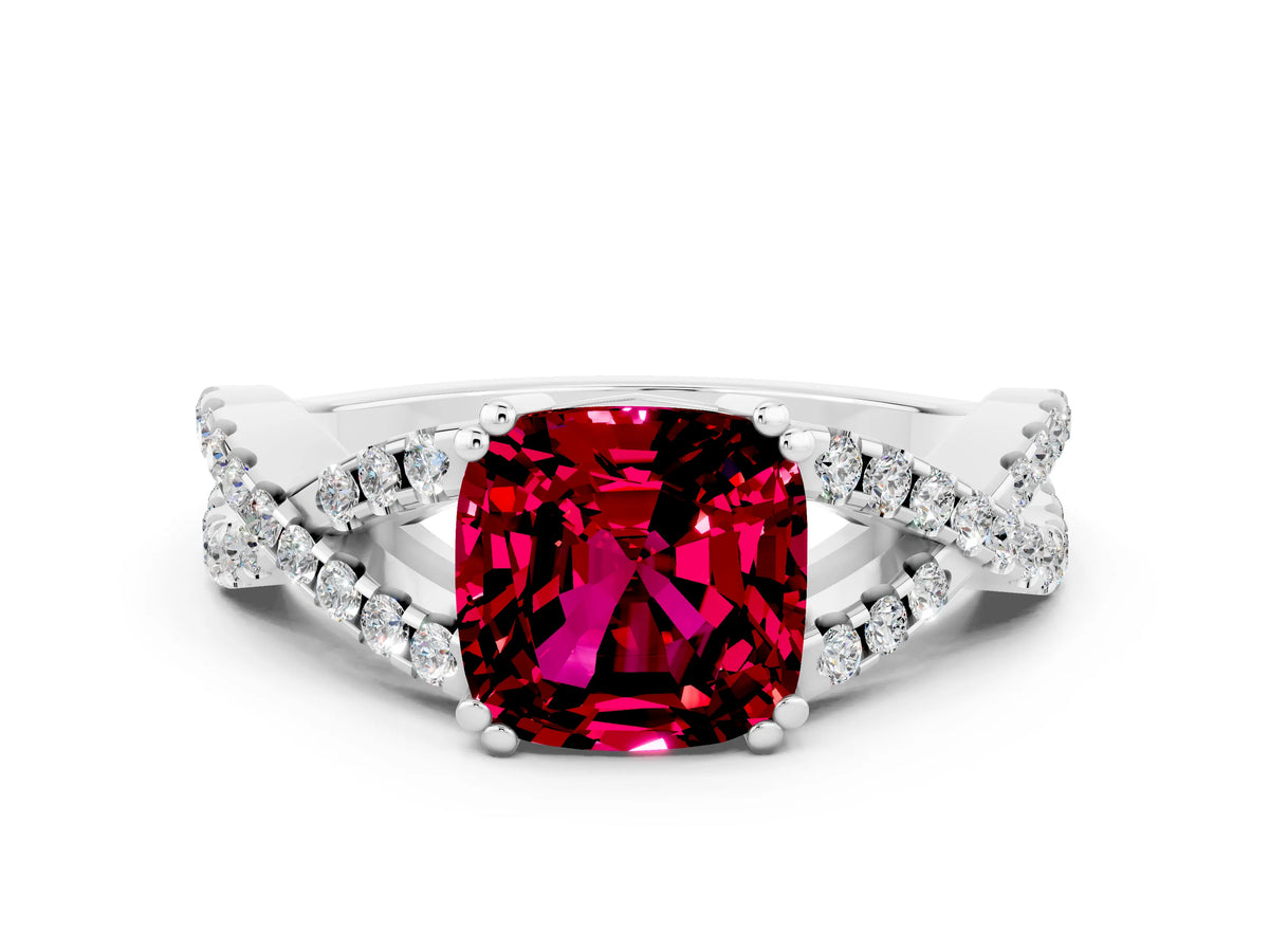 Cushion Cut Garnet Solitaire Ring in White gold with Interwoven Pavé Band and Prong Setting