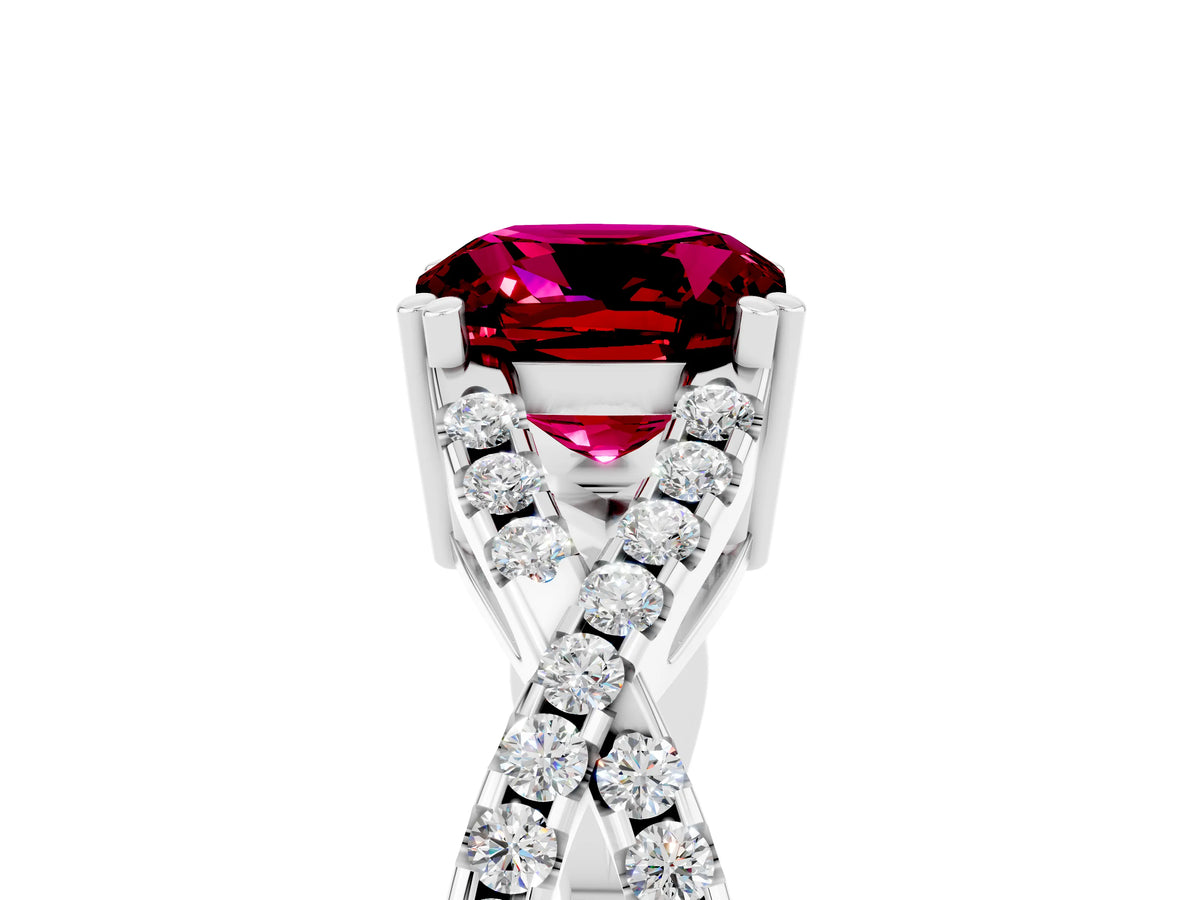 Cushion Cut Garnet Solitaire Ring in White gold with Interwoven Pavé Band and Prong Setting_5
