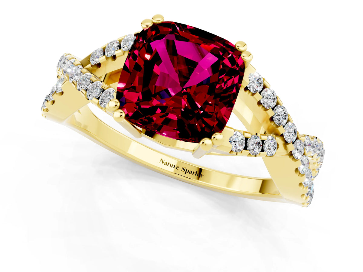 Cushion Cut Garnet Solitaire Ring in Yellow gold with Interwoven Pavé Band and Prong Setting_1