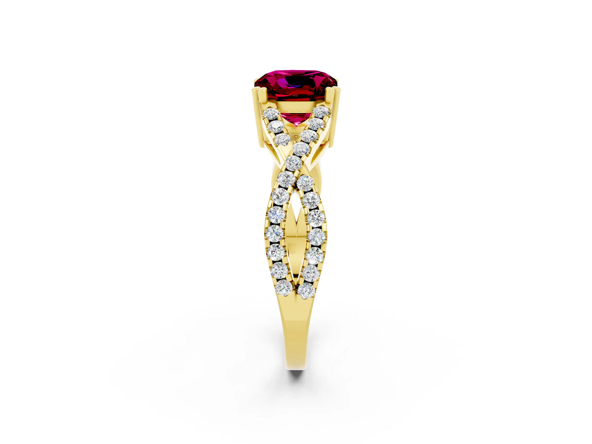 Cushion Cut Garnet Solitaire Ring in Yellow gold with Interwoven Pavé Band and Prong Setting_2