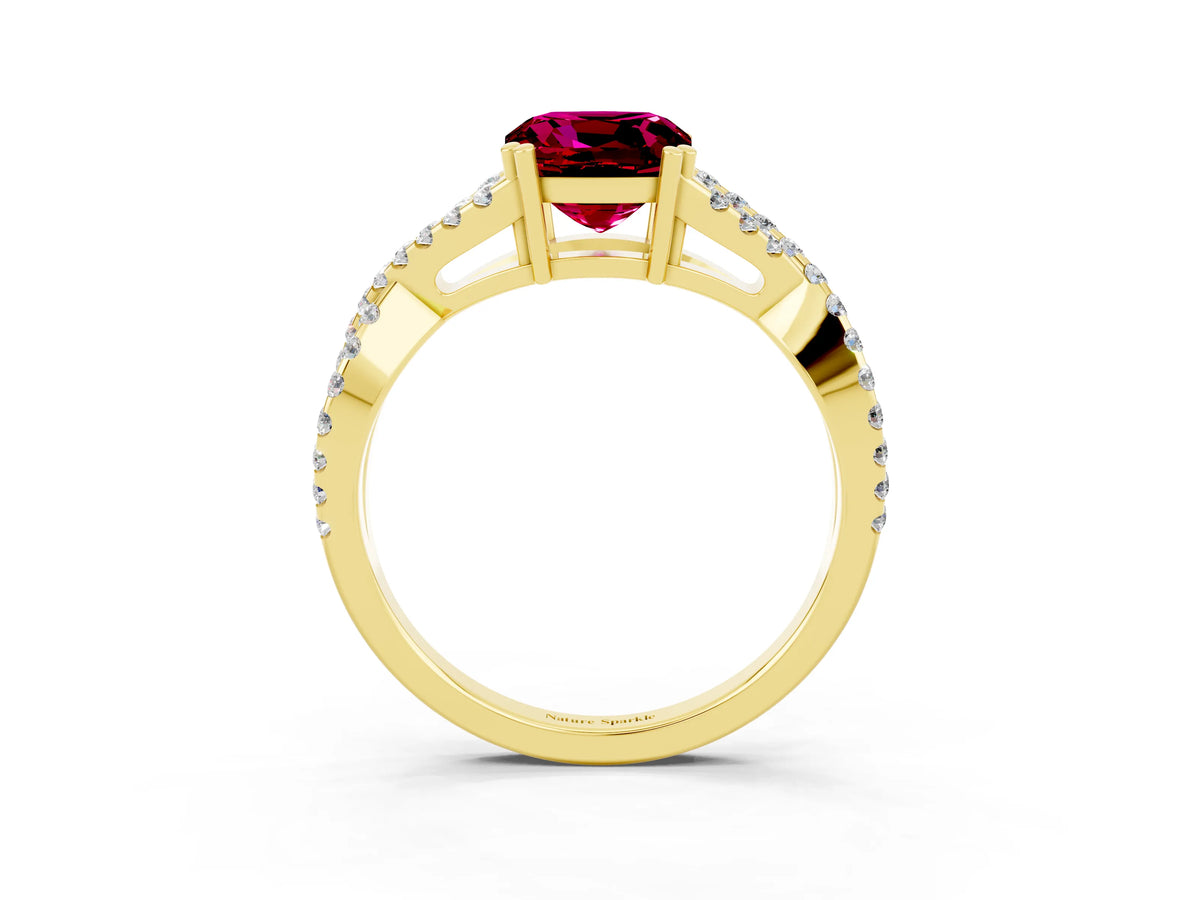 Cushion Cut Garnet Solitaire Ring in Yellow gold with Interwoven Pavé Band and Prong Setting_3