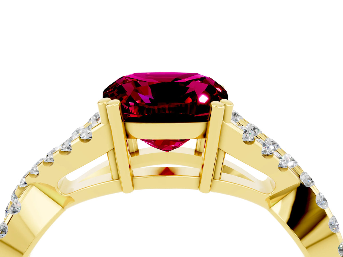 Cushion Cut Garnet Solitaire Ring in Yellow gold with Interwoven Pavé Band and Prong Setting_4