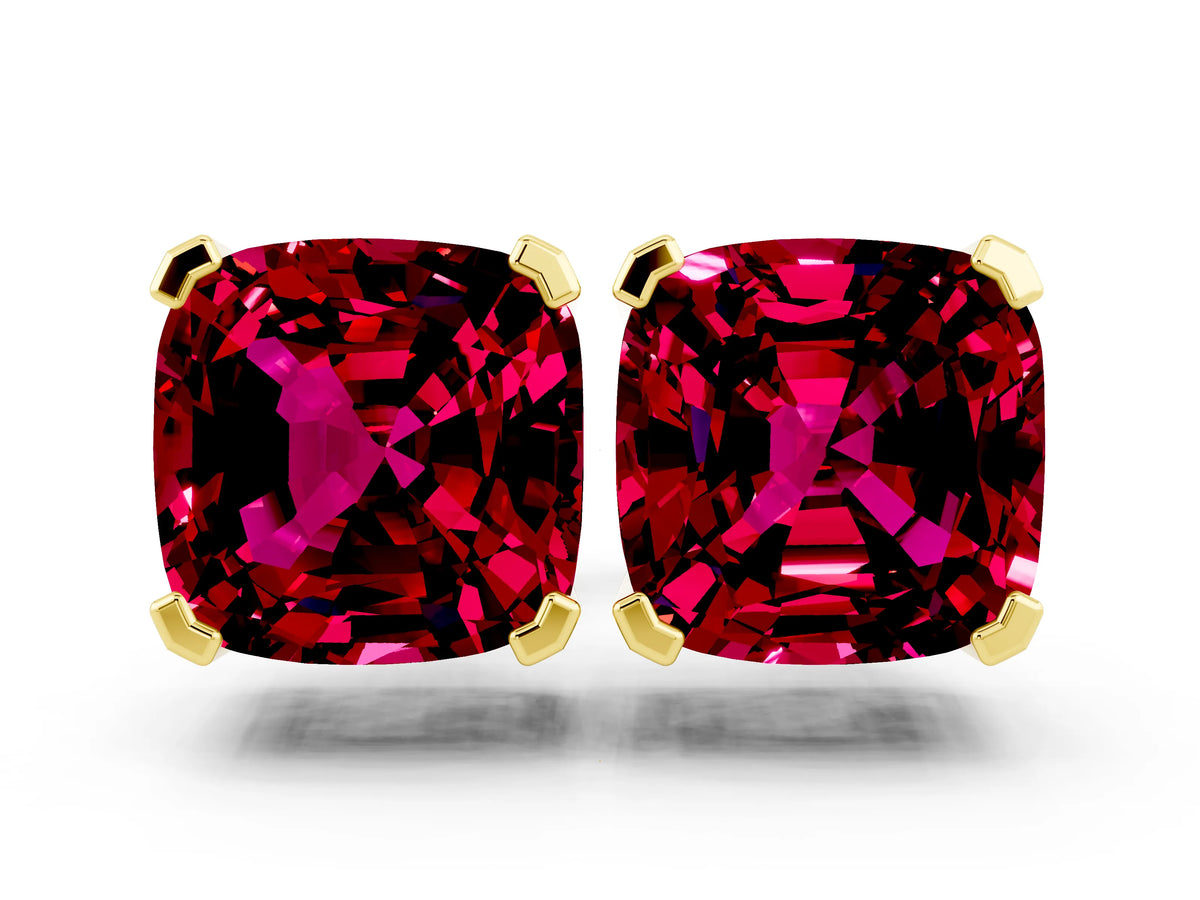 Cushion Cut Garnet Stud Earrings in Yellow gold with Basket Setting