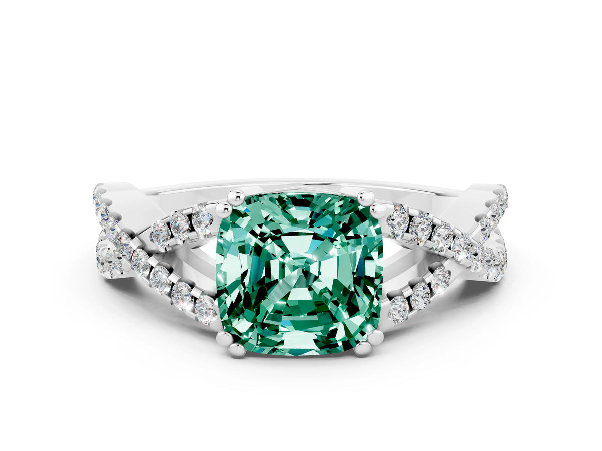 Cushion Cut Green Sapphire Solitaire Ring in Platinum with Interwoven Pavé Band and Prong Setting_12