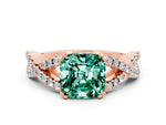 Cushion Cut Green Sapphire Solitaire Ring in Rose gold with Interwoven Pavé Band and Prong Setting