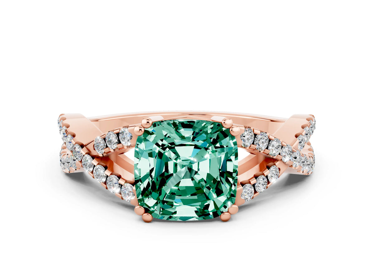 Cushion Cut Green Sapphire Solitaire Ring in Rose gold with Interwoven Pavé Band and Prong Setting