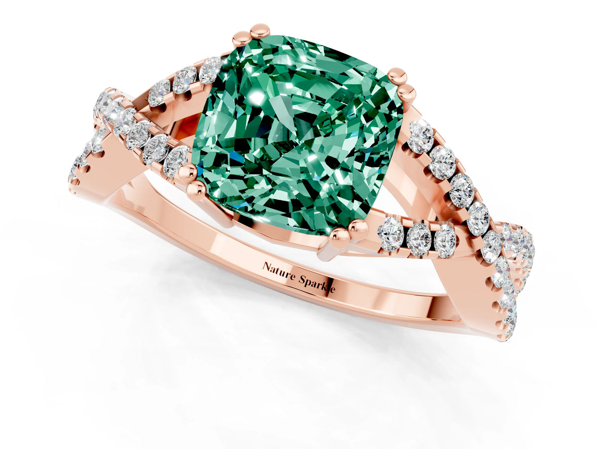 Cushion Cut Green Sapphire Solitaire Ring in Rose gold with Interwoven Pavé Band and Prong Setting_1