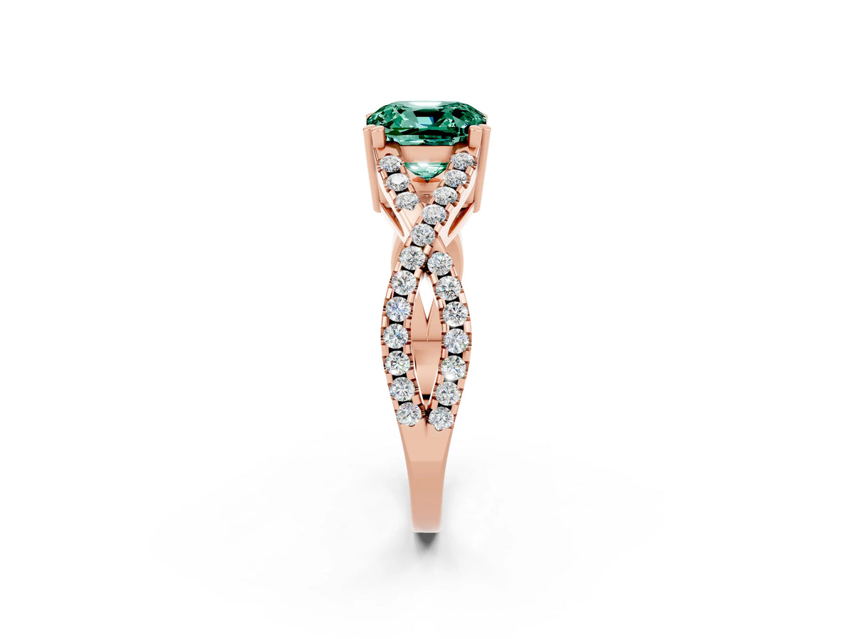 Cushion Cut Green Sapphire Solitaire Ring in Rose gold with Interwoven Pavé Band and Prong Setting_2