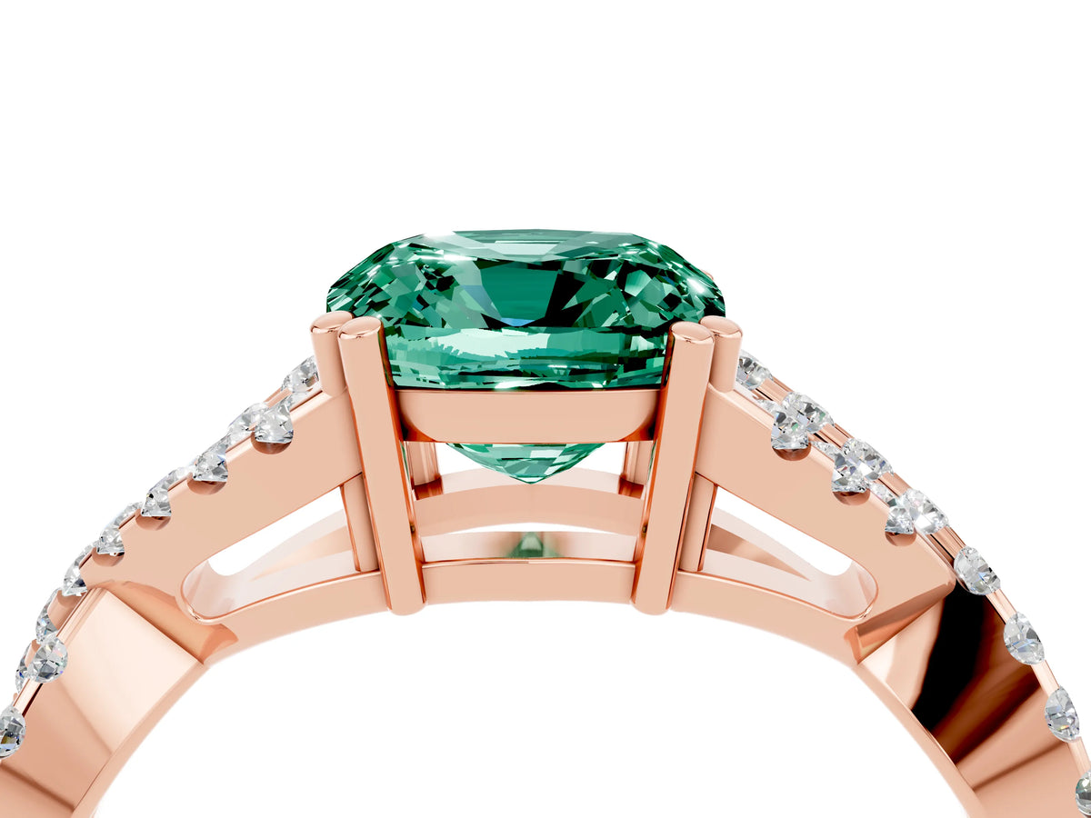 Cushion Cut Green Sapphire Solitaire Ring in Rose gold with Interwoven Pavé Band and Prong Setting_4