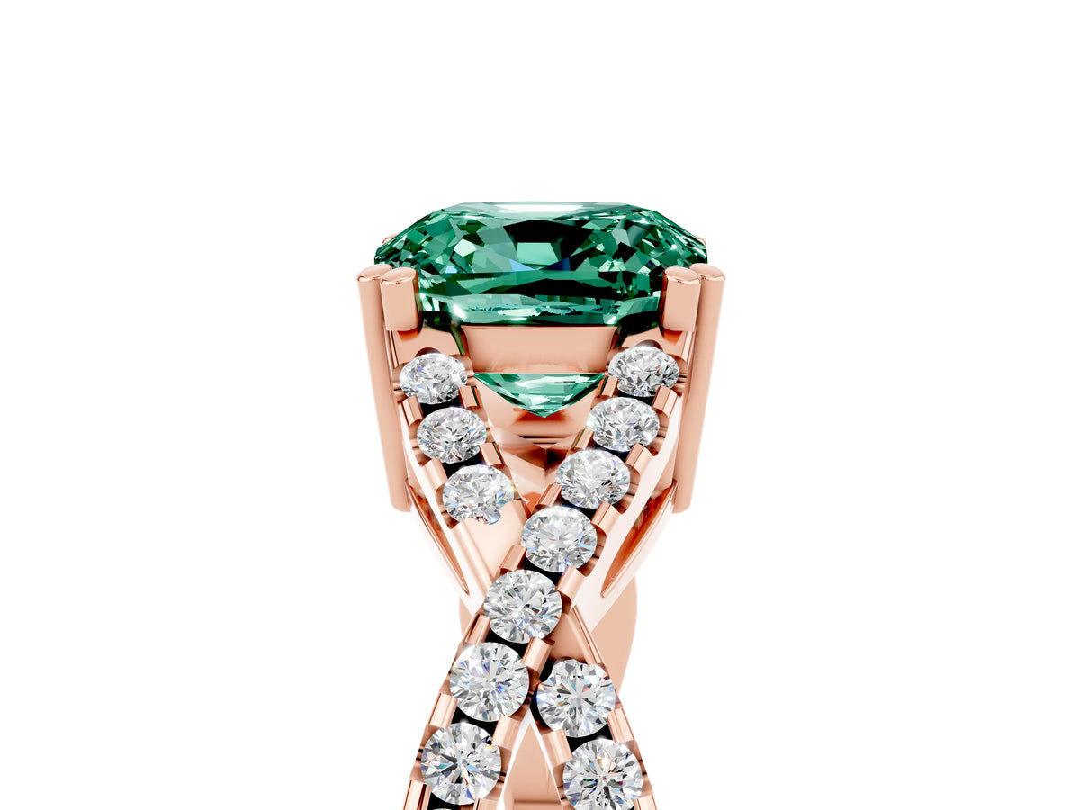 Cushion Cut Green Sapphire Solitaire Ring in Rose gold with Interwoven Pavé Band and Prong Setting_5