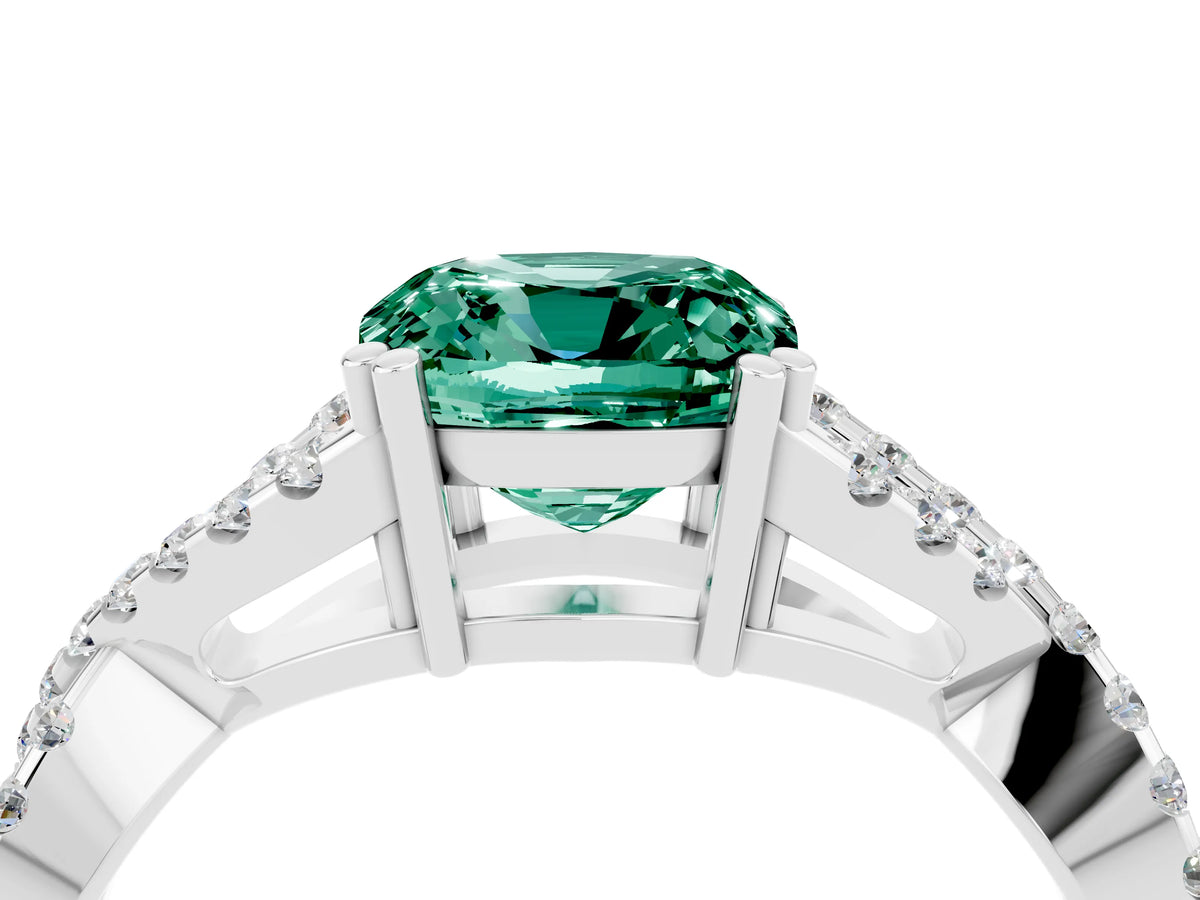 Cushion Cut Green Sapphire Solitaire Ring in Silver with Interwoven Pavé Band and Prong Setting_10