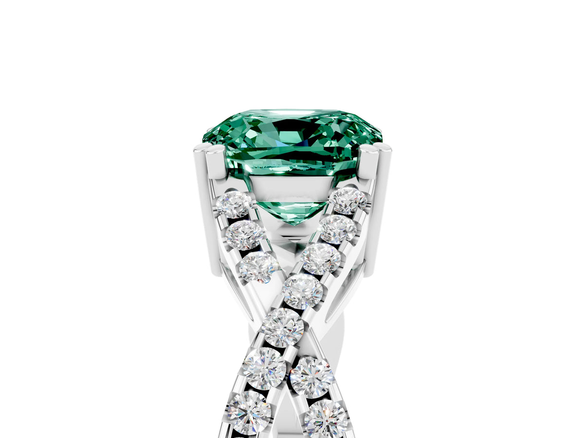 Cushion Cut Green Sapphire Solitaire Ring in Silver with Interwoven Pavé Band and Prong Setting_11