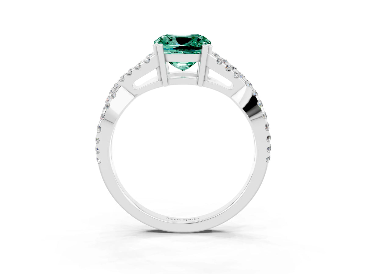 Cushion Cut Green Sapphire Solitaire Ring in Silver with Interwoven Pavé Band and Prong Setting_9