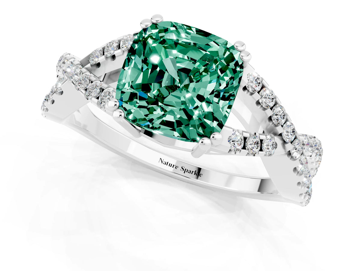 Cushion Cut Green Sapphire Solitaire Ring in White gold with Interwoven Pavé Band and Prong Setting_1