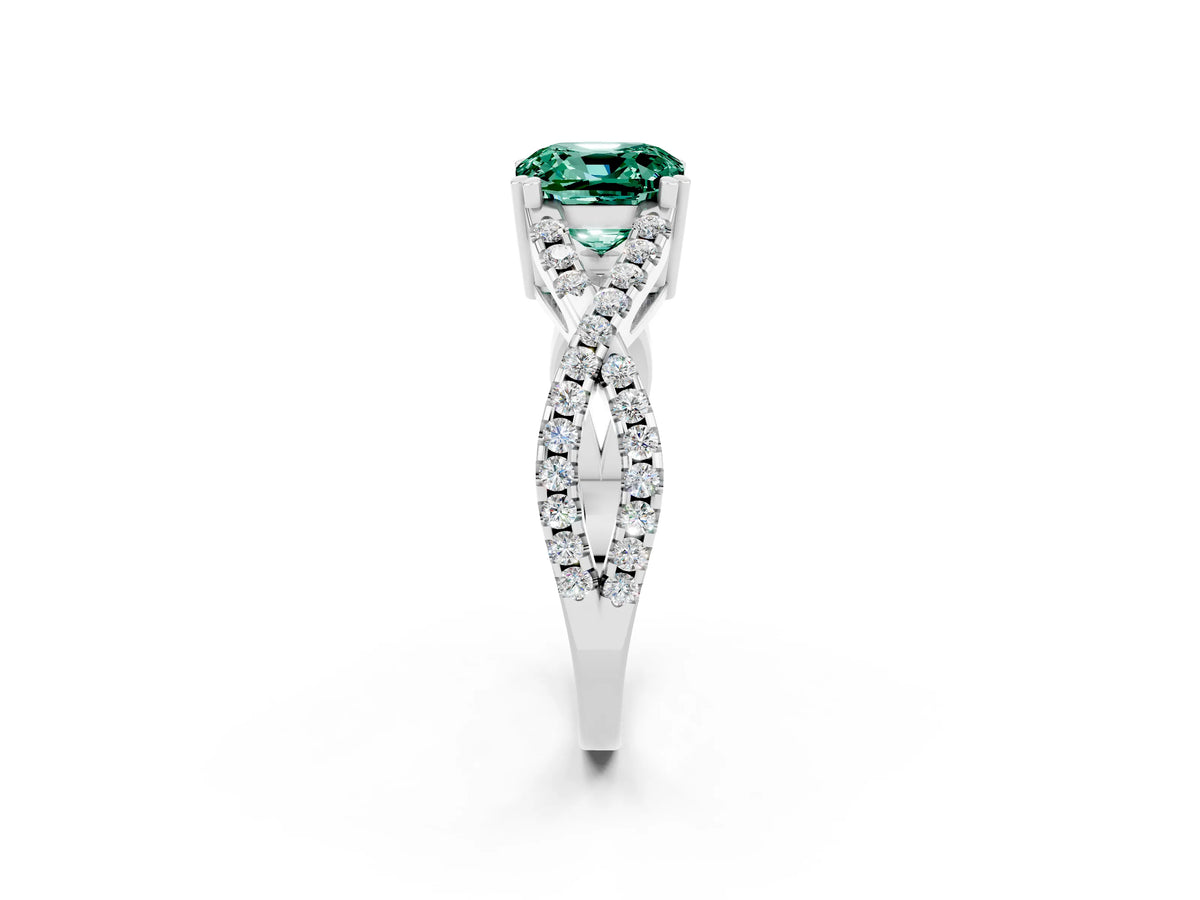 Cushion Cut Green Sapphire Solitaire Ring in White gold with Interwoven Pavé Band and Prong Setting_2