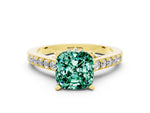 Cushion Cut Green Sapphire Solitaire Ring in Yellow gold with Crossover Gallery and Round Pavé Band