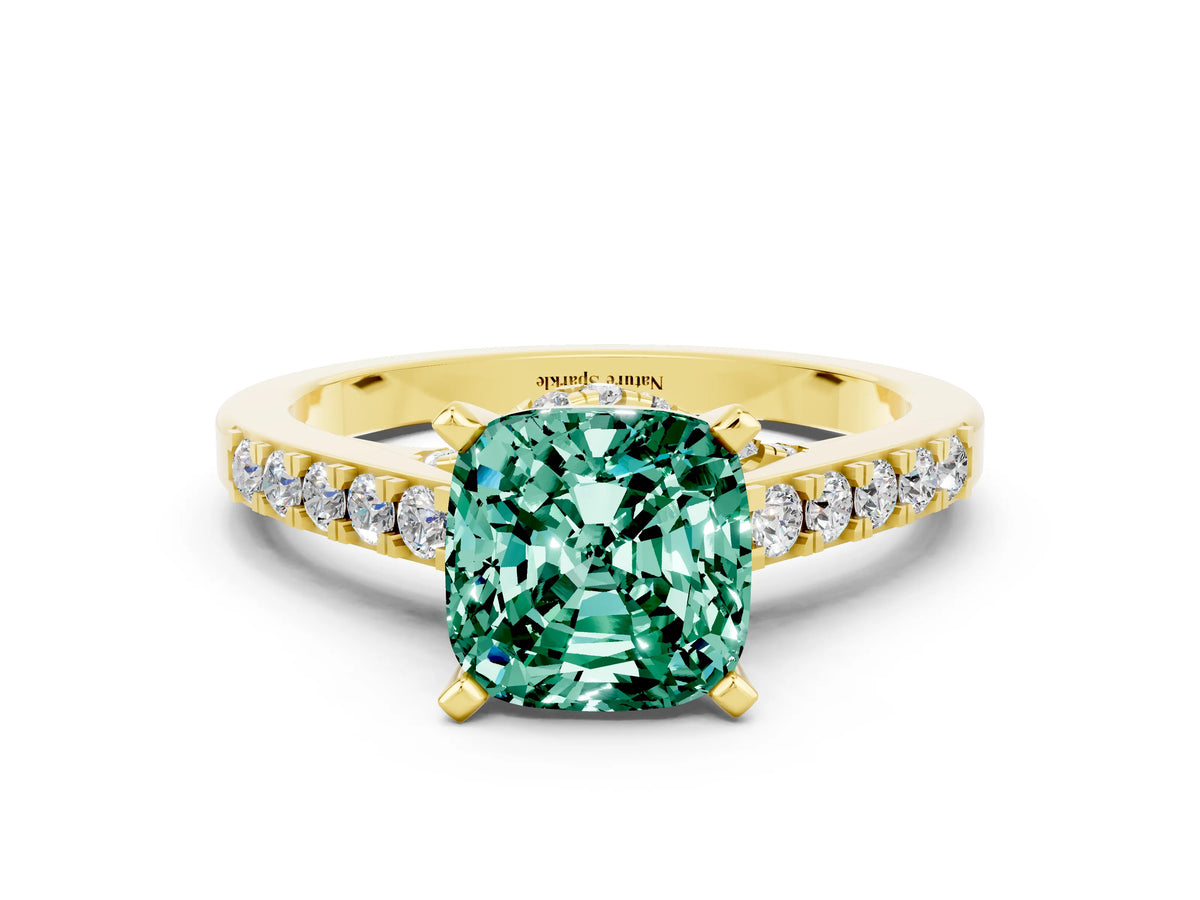 Cushion Cut Green Sapphire Solitaire Ring in Yellow gold with Crossover Gallery and Round Pavé Band