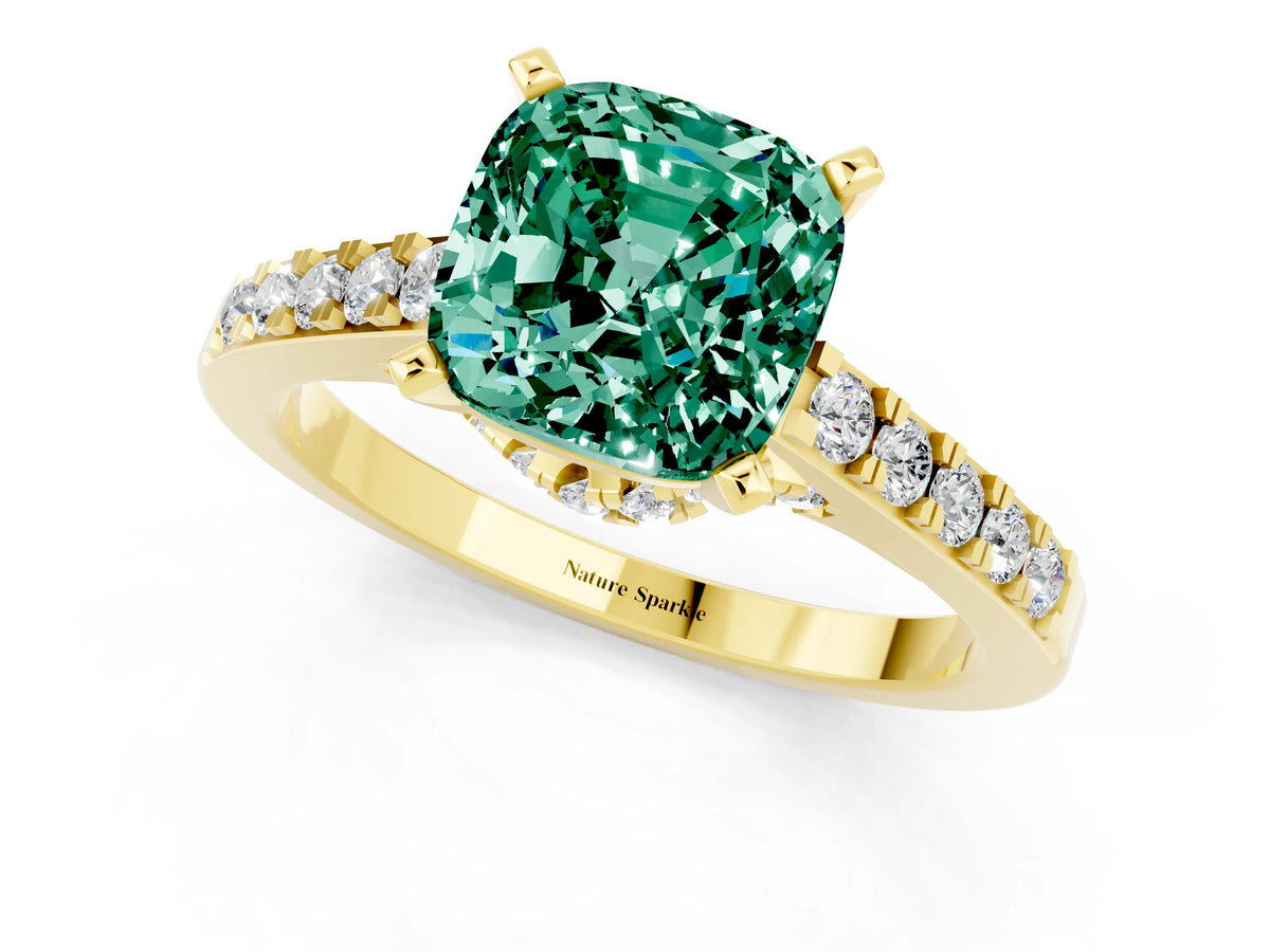 Cushion Cut Green Sapphire Solitaire Ring in Yellow gold with Crossover Gallery and Round Pavé Band_1