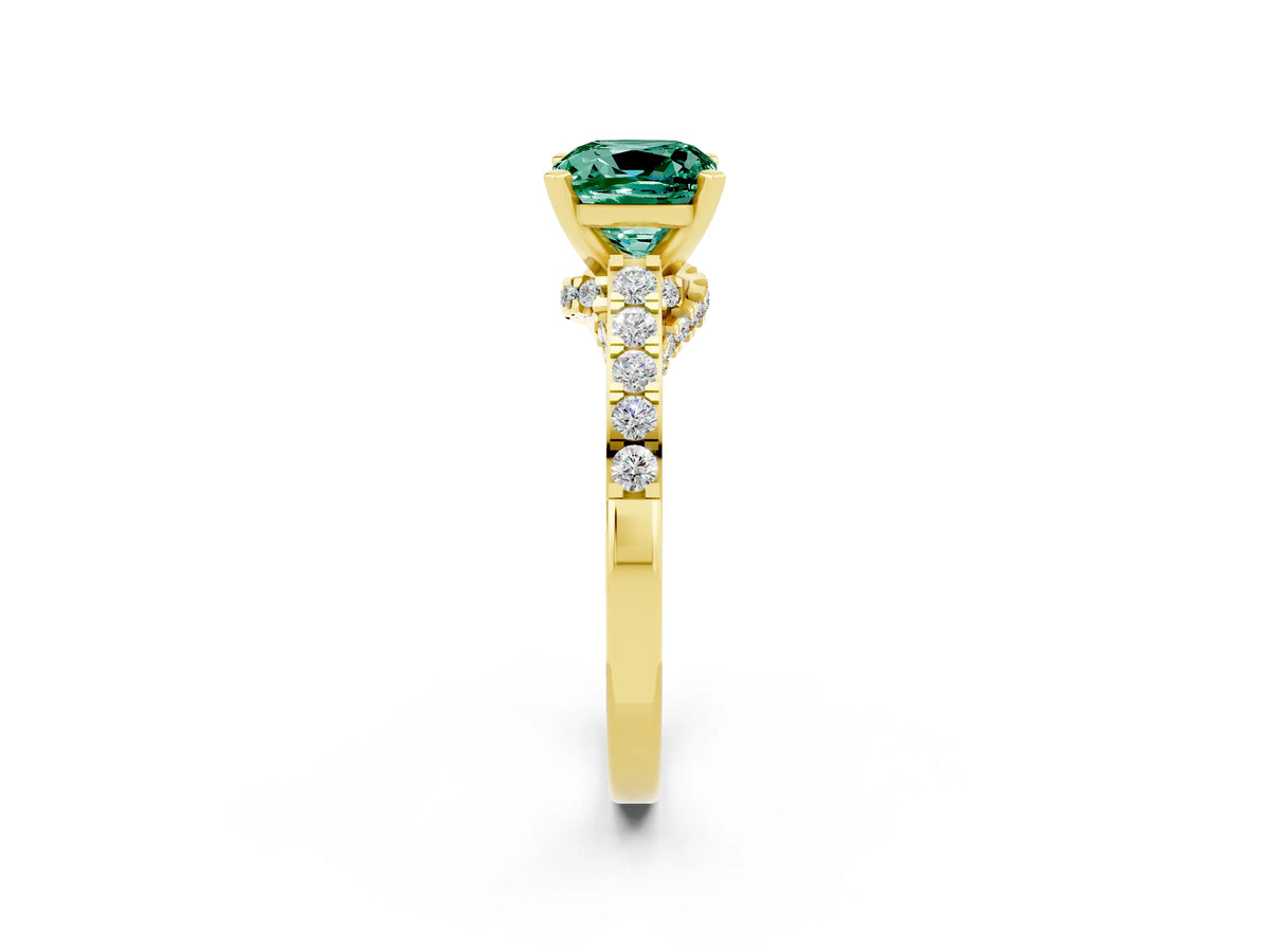 Cushion Cut Green Sapphire Solitaire Ring in Yellow gold with Crossover Gallery and Round Pavé Band_2
