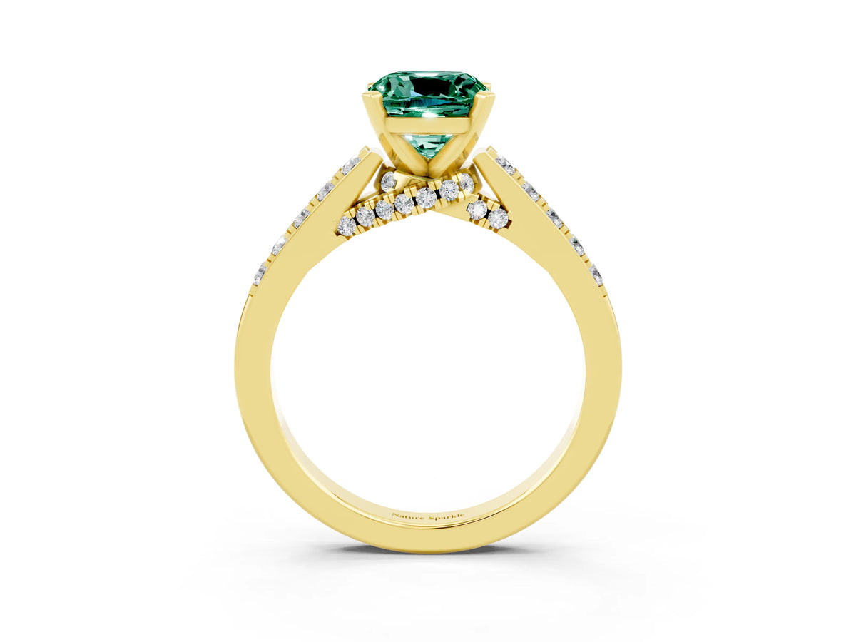 Cushion Cut Green Sapphire Solitaire Ring in Yellow gold with Crossover Gallery and Round Pavé Band_3