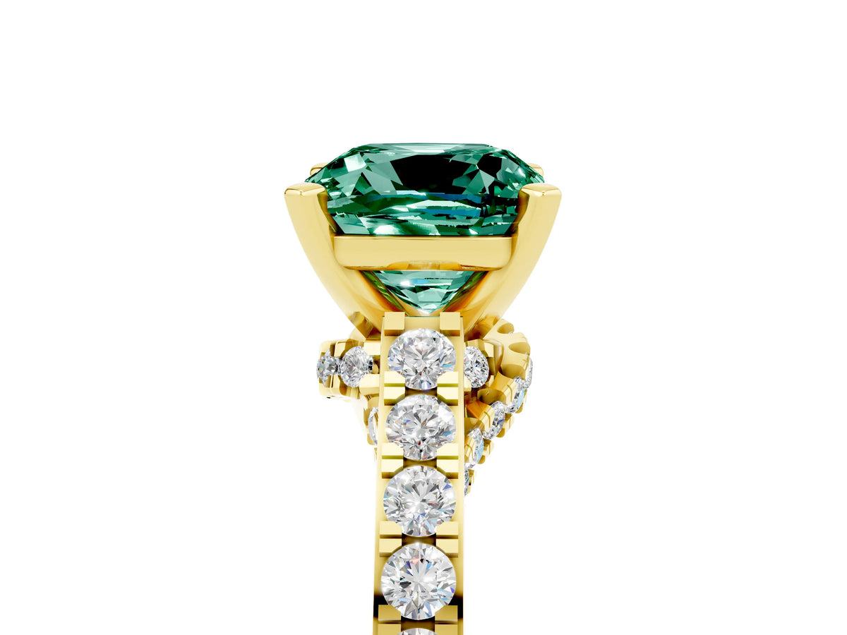 Cushion Cut Green Sapphire Solitaire Ring in Yellow gold with Crossover Gallery and Round Pavé Band_5