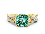 Cushion Cut Green Sapphire Solitaire Ring in Yellow gold with Interwoven Pavé Band and Prong Setting
