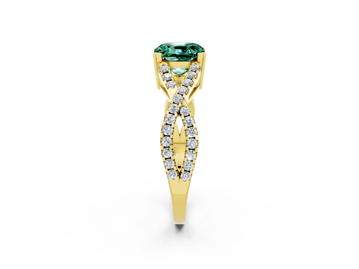 Cushion Cut Green Sapphire Solitaire Ring in Yellow gold with Interwoven Pavé Band and Prong Setting_2