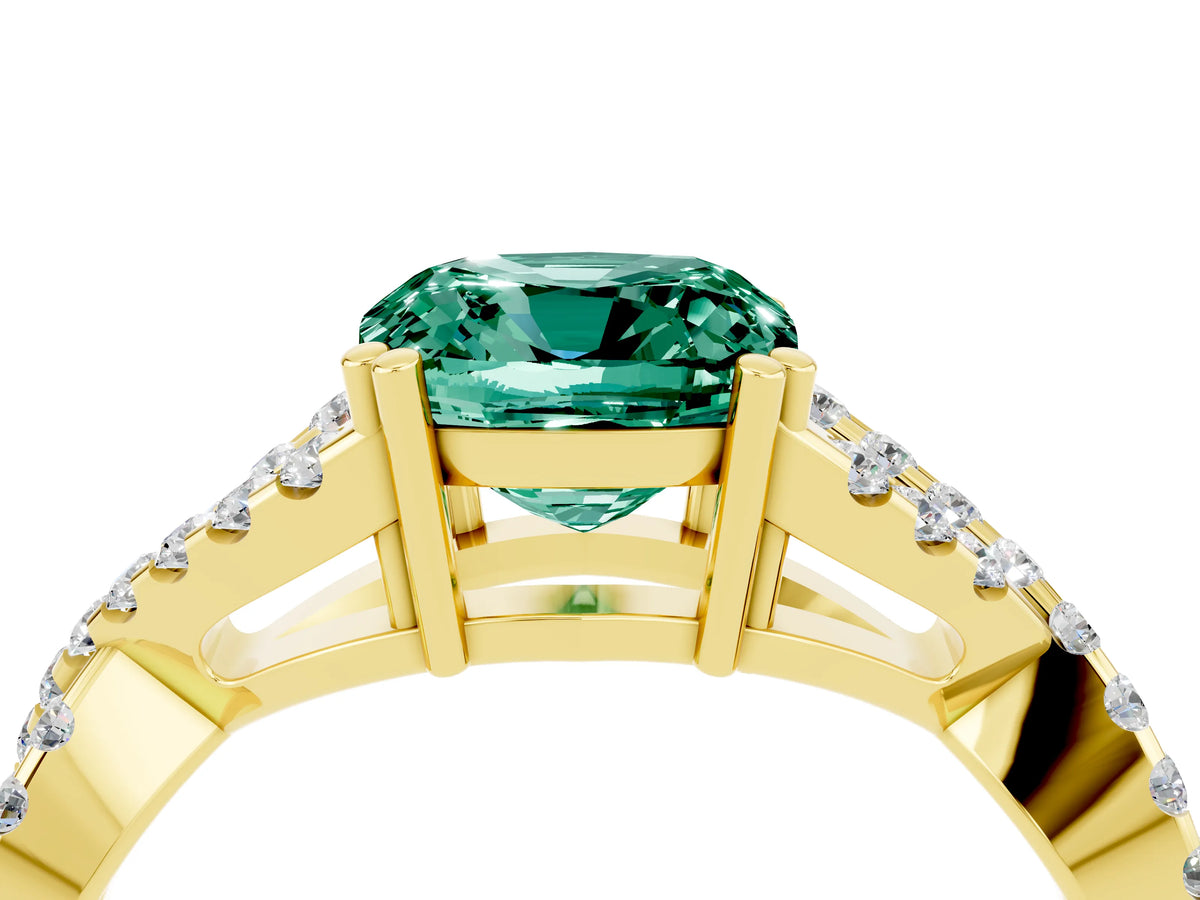 Cushion Cut Green Sapphire Solitaire Ring in Yellow gold with Interwoven Pavé Band and Prong Setting_4