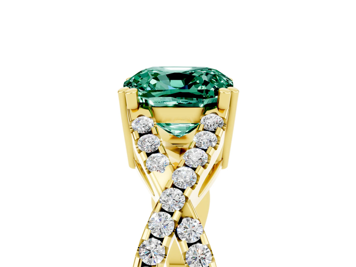 Cushion Cut Green Sapphire Solitaire Ring in Yellow gold with Interwoven Pavé Band and Prong Setting_5