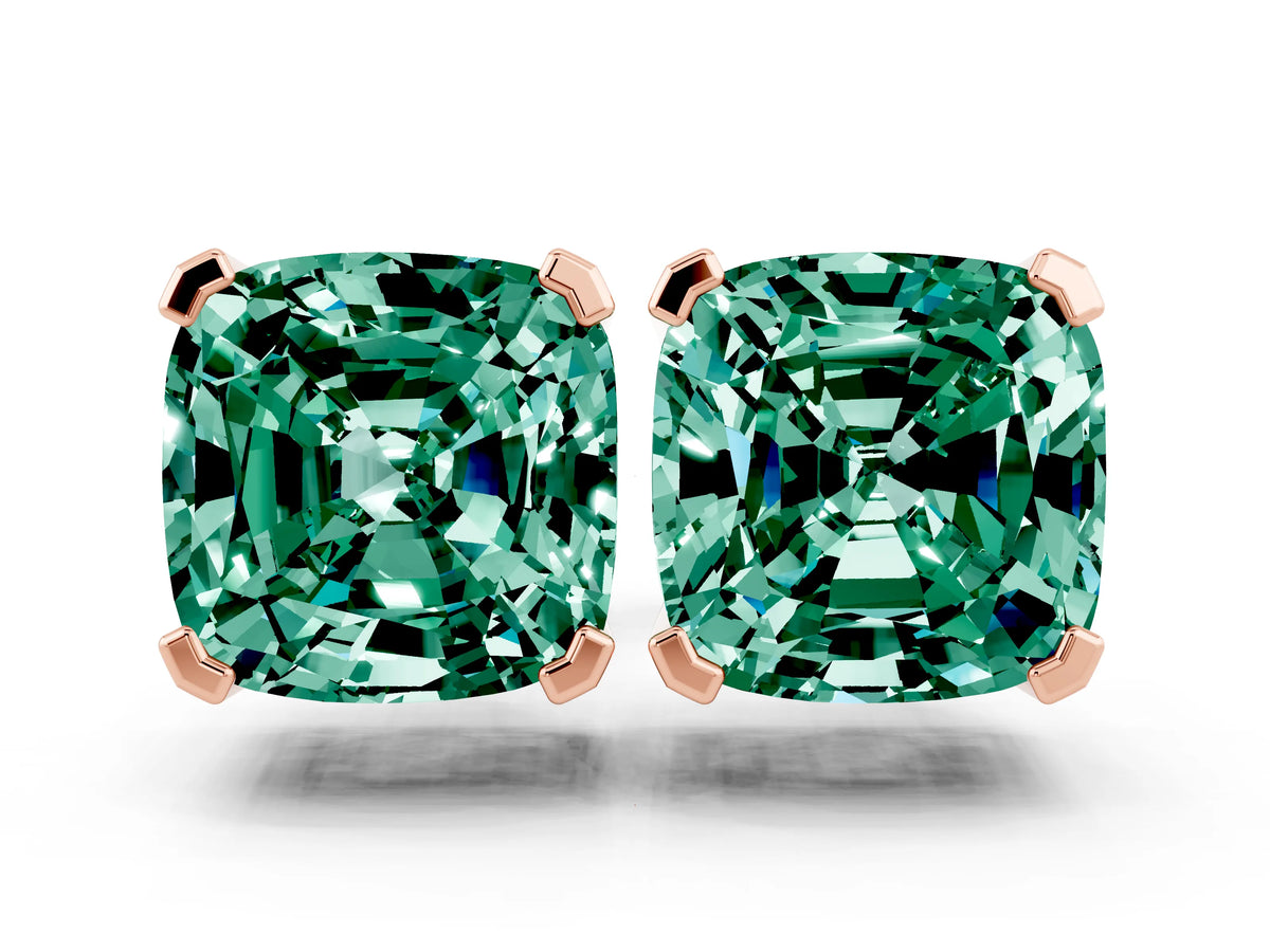Cushion Cut Green Sapphire Stud Earrings in Rose gold with Basket Setting