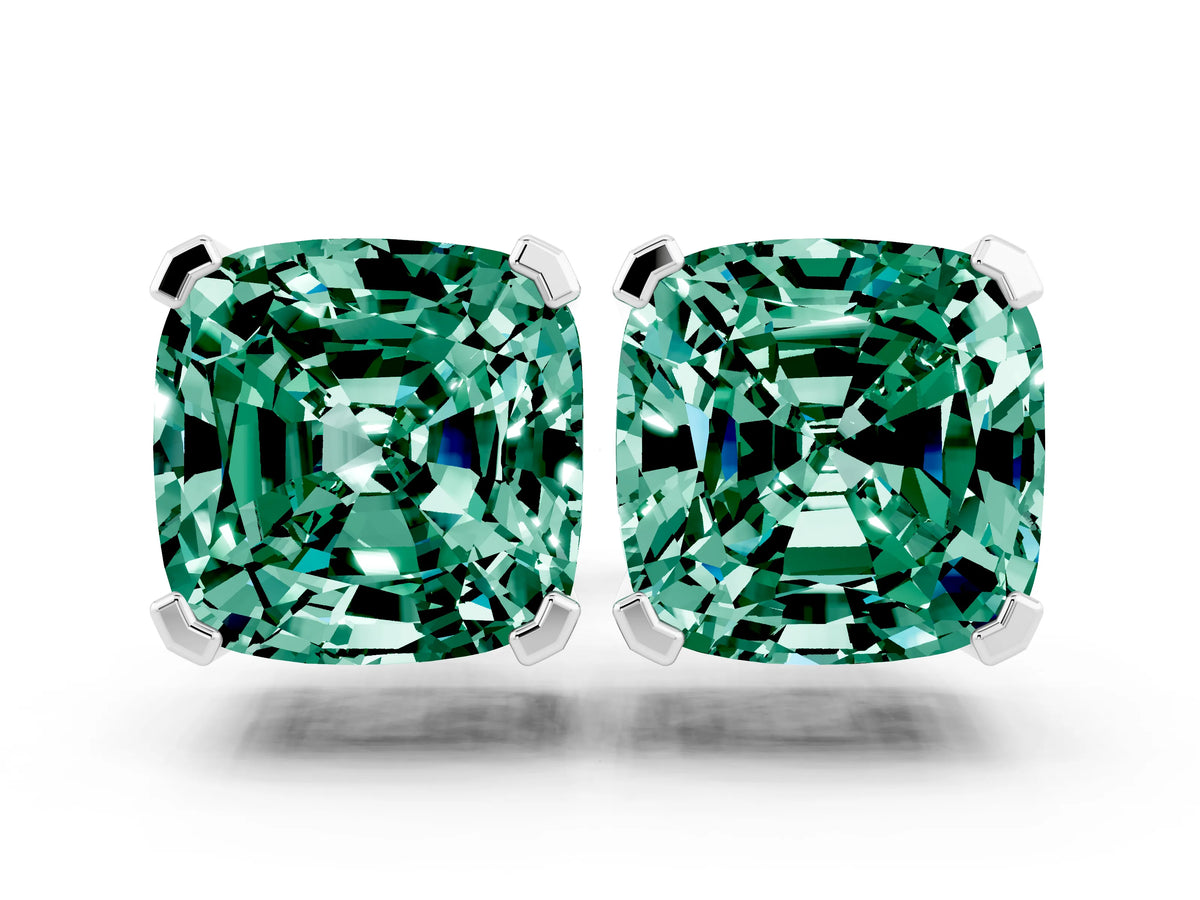 Cushion Cut Green Sapphire Stud Earrings in White gold with Basket Setting