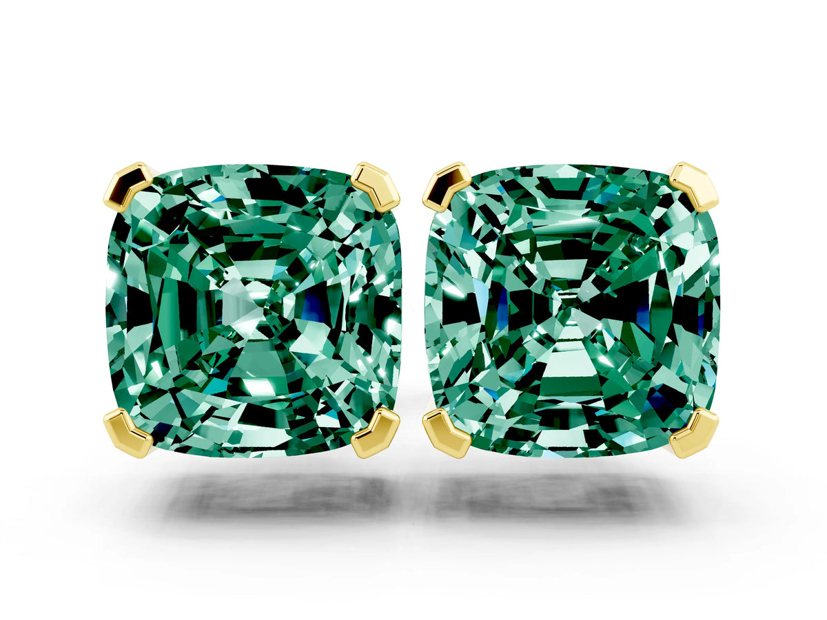 Cushion Cut Green Sapphire Stud Earrings in Yellow gold with Basket Setting