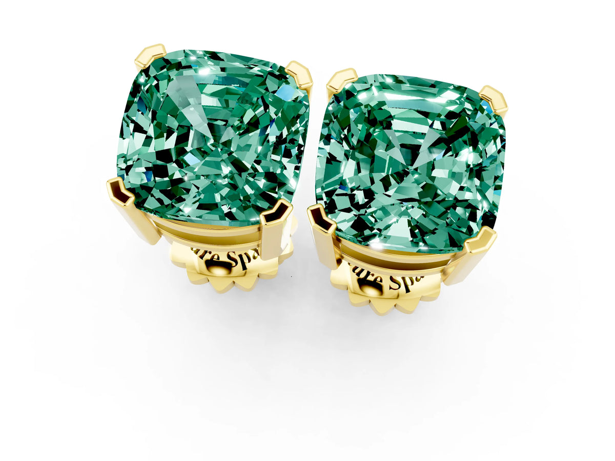 Cushion Cut Green Sapphire Stud Earrings in Yellow gold with Basket Setting_1