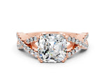 Cushion Cut Moissanite Solitaire Ring in Rose gold with Interwoven Pavé Band and Prong Setting